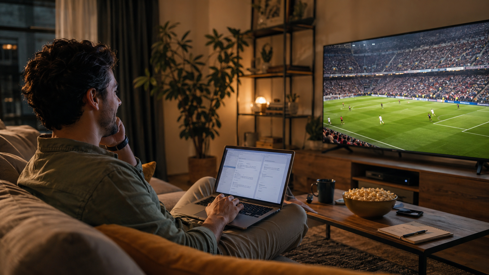 Persona viendo un partido de fútbol desde el sofá mientras trabaja con un portátil