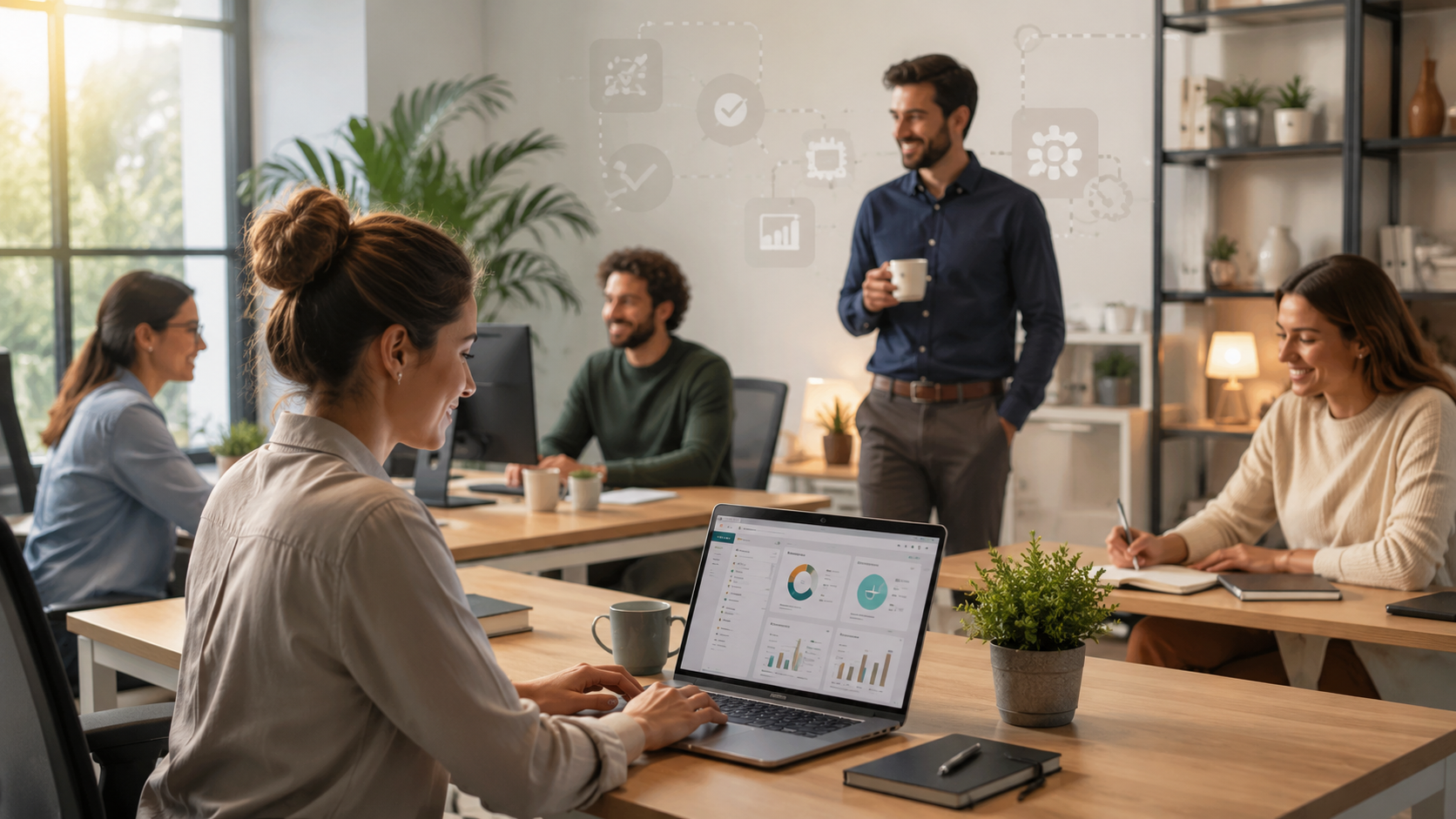 Equipo de trabajo motivado y productivo en una oficina moderna con herramientas digitales
